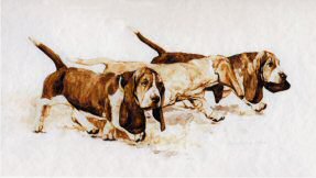 "No Great Plans"  Basset Hound Original Sepia Watercolor by Roger Inman