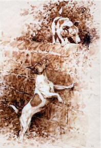"A Little Caution" Parson Jack Russell Terrier Original Sepia Watercolor by Roger Inman
