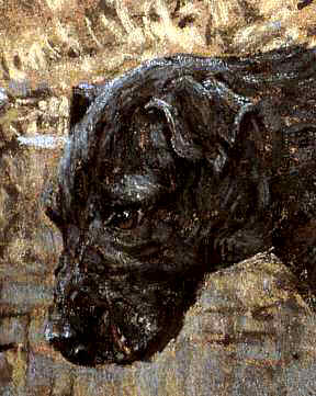 Closeup of "Off the Coupling" Patterdale Terrier Limited Edition Print by Roger Inman