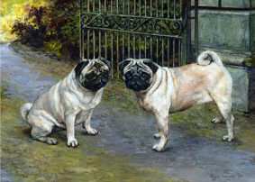 "Companions at the Gate
" Limited Edition Pug Fine Art Print by British Artist Roger Inman