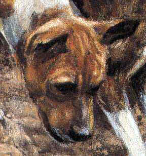 Closeup of "Drive for the Nets" Basenji Fine Art Limited Edition Print by Roger Inman