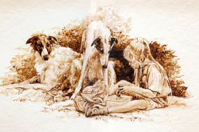 "Forbearance" Borzoi Original Sepia Watercolor by Roger Inman