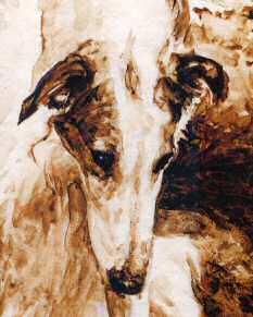Closeup of Borzoi head from "Forbearance" Borzoi Limited Edition Print from Original Sepia Wash by Roger Inman