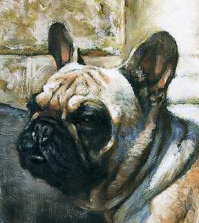 Closeup of "The Village Watch" French Bulldogs Limited Edition Print by Roger Inman