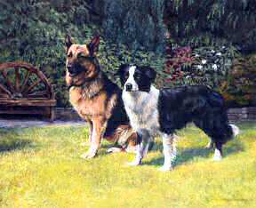 "Puprposeful Pair" German Shepherd and Border Collie Fine Art Limited Edition Print by Roger Inman