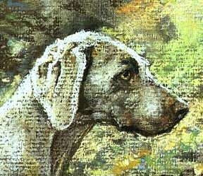 Closeup of "Bracework at a Ford" Weimaraner Fine Art Limited Edition Print by Roger Inman